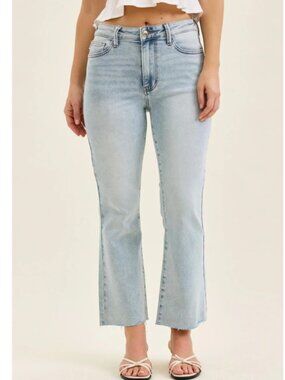 NWOT Judy Blue Kick Flare Tummy Control Raw Hem Jeans Stop and Stare Light Blue